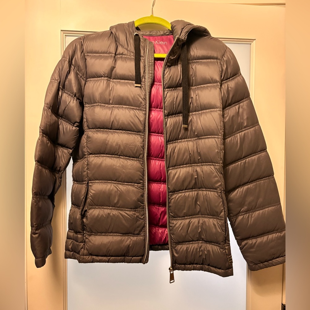 Calvin Klein Brown Puffer Jacket with Red Interior